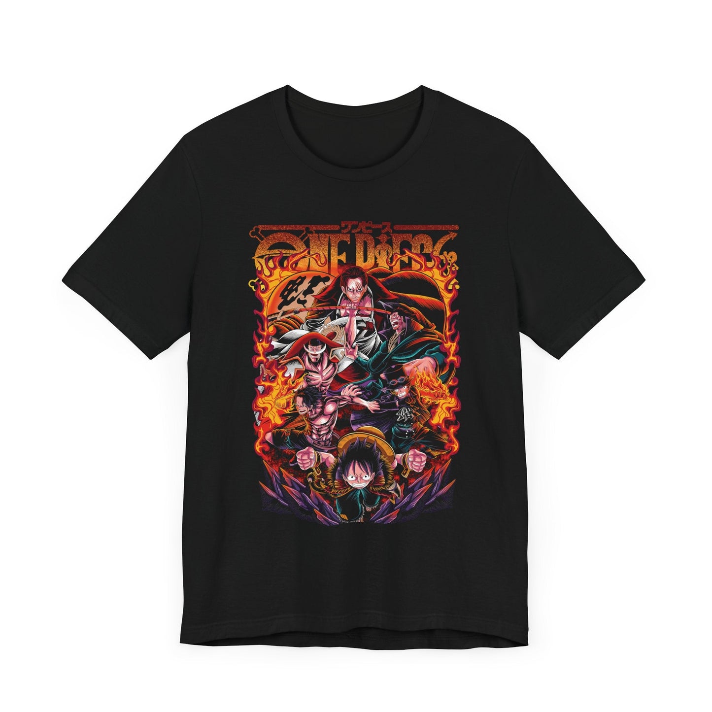 One Piece Legends Flame Tee – Luffy, Ace, Dragon, Shanks, Sabo & Whitebeard T-Shirt Printify