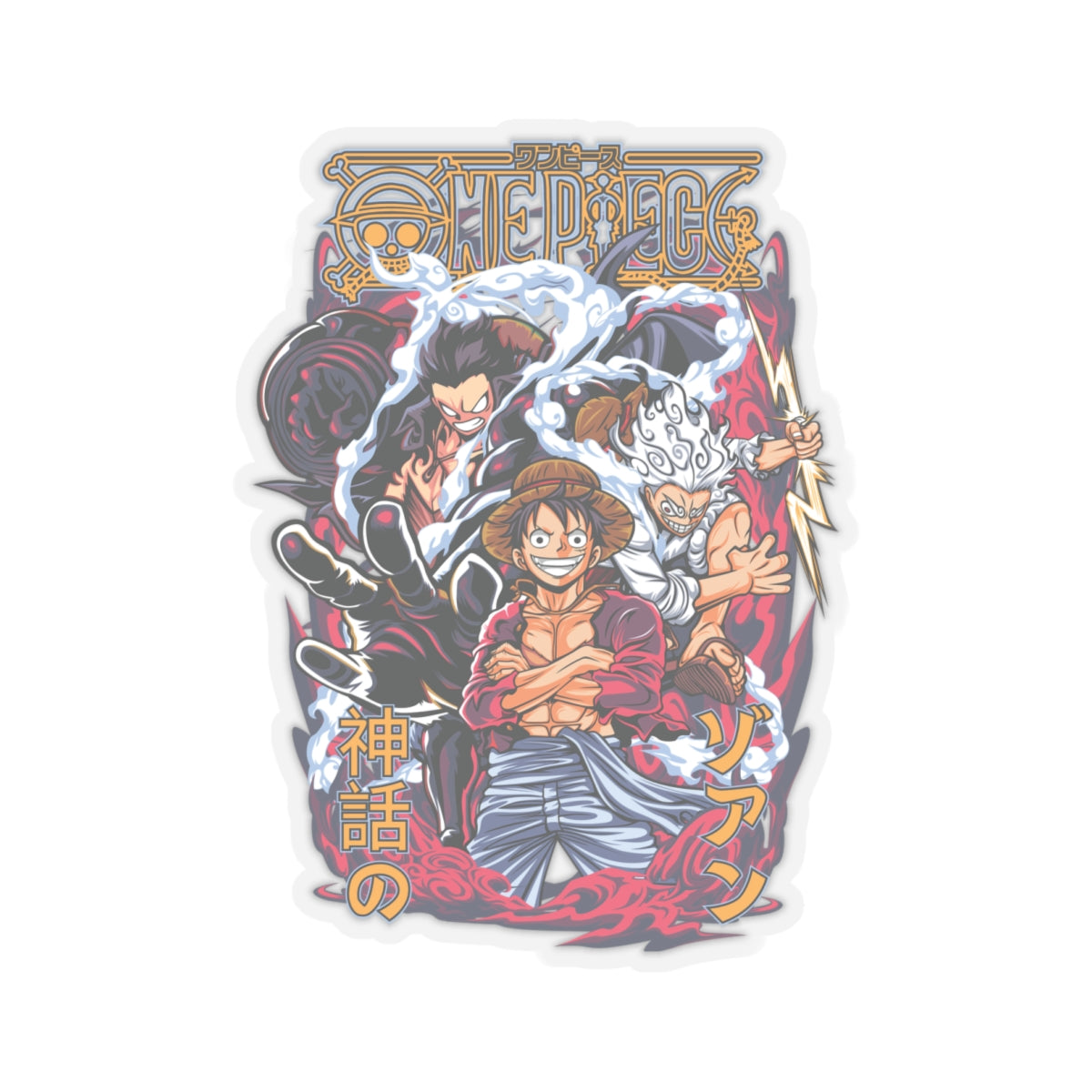 Luffy One Piece Kiss-Cut Sticker – Base Form, Gear 4, and Gear 5 Evolution