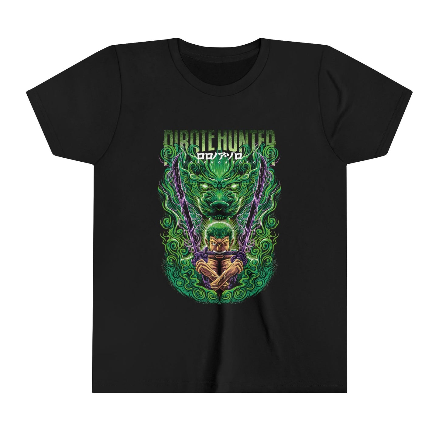 One Piece Pirate Hunter Zoro Kids Tee – Action Pose with Flaming Swords