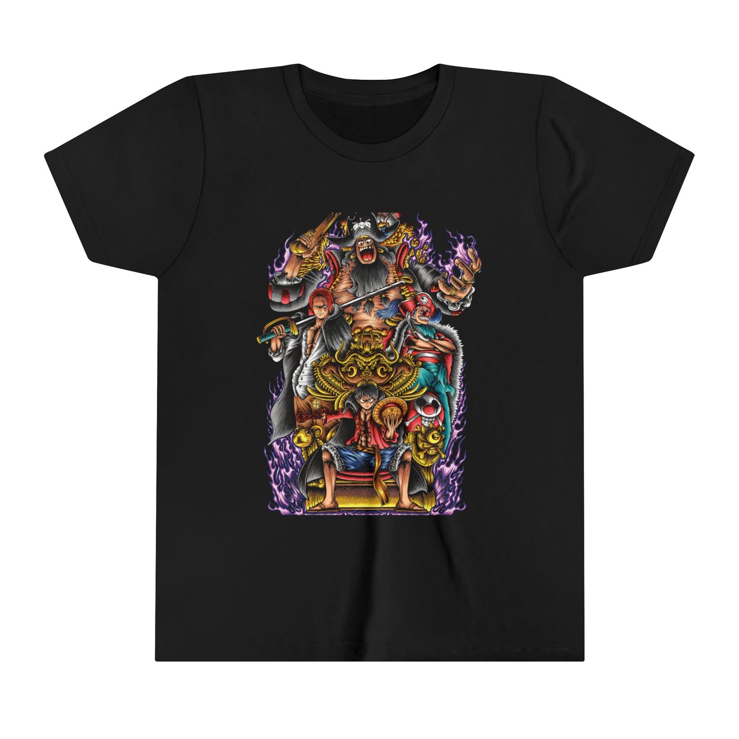 One Piece Four Pirates Tee – Luffy, Shanks, Blackbeard, and Buggy